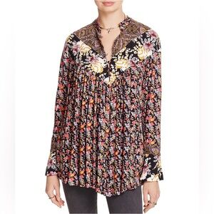 Free People Wildflower Fields Tunic Henley Top Black Floral Long Sleeve Size XS